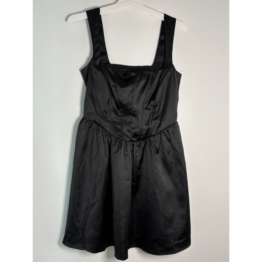 Wild Fable Black Satin Corset Mini Dress Square Neck Smocked Back Mens Size M